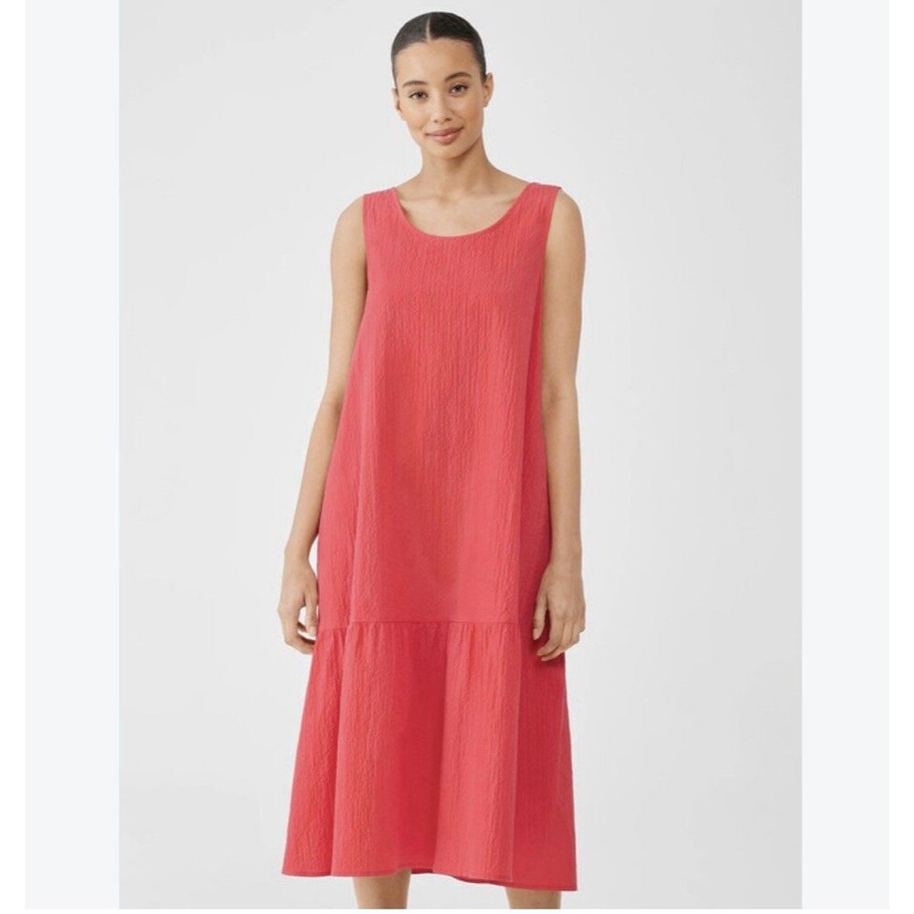 Eileen Fisher Puckered Tiered Midi Dress L Coral Pink Organic Cotton